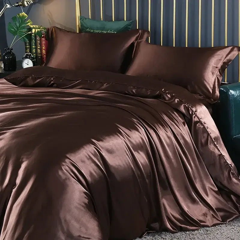 Decorbites silk luxury bedding set rich chocolate brown pcs duvet cover with glossy smooth satin finish
