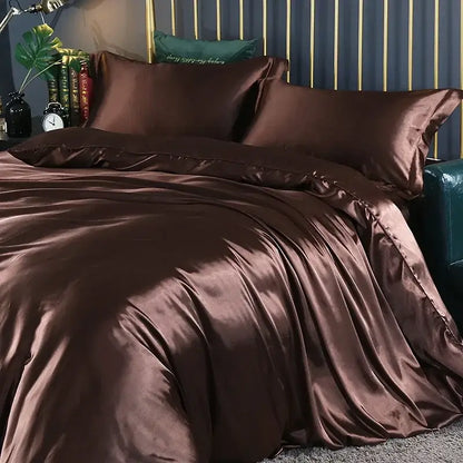 Decorbites silk luxury bedding set rich chocolate brown pcs duvet cover with glossy smooth satin finish