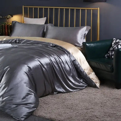 Decorbites silk luxury bedding set 3 pcs duvet cover with metallic gray satin finish and gold interior lining