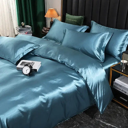 Decorbites™ silk luxury bedding set teal satin pcs duvet cover and pcs bed sheet with smooth glossy finish and pillowcases