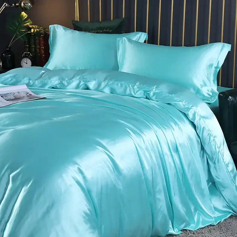 Turquoise satin decorbites silk luxury bedding set with smooth glossy finish includes duvet cover pcs duvet cover and pcs bed sheet