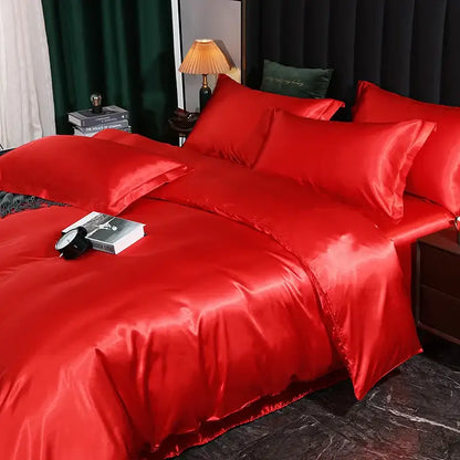 DecorBites™ silk luxury bedding set pcs duvet cover and pcs bed sheet in vibrant red satin with a glossy smooth finish