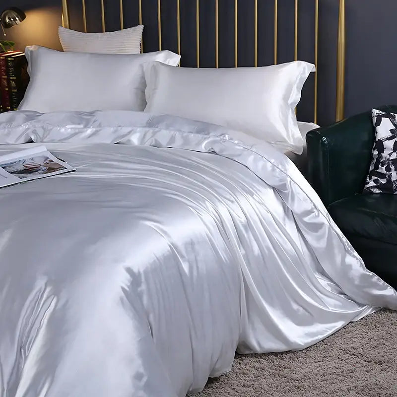 White satin decorbites™ silk luxury pcs duvet cover set with matching pillowcases and smooth glossy finish