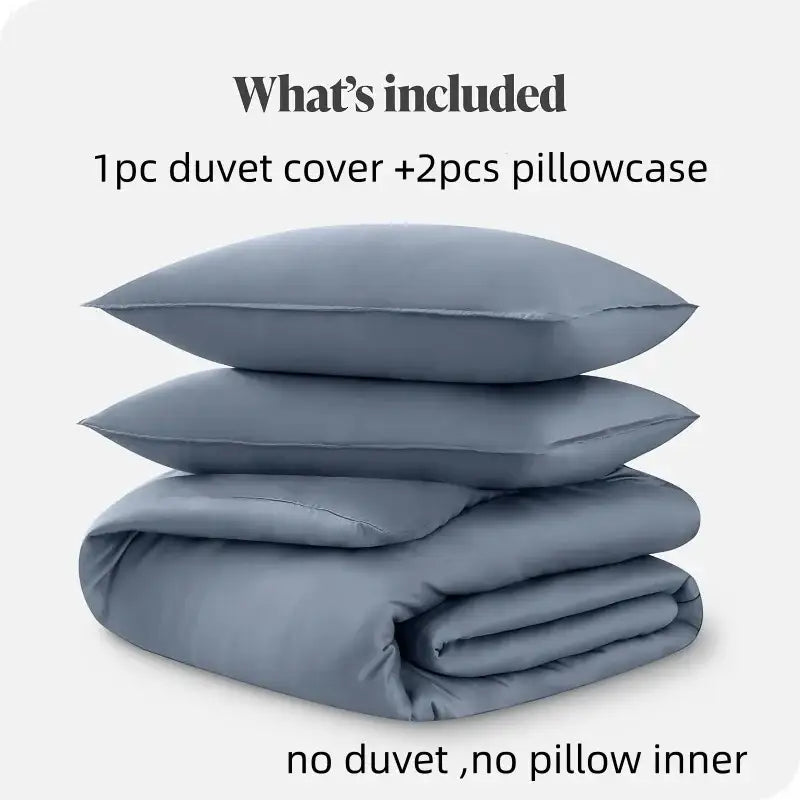 Stacked neatly gray decorbites silky cooling duvet cover set 3pcs made from smooth satin-like fabric for full queen king beds