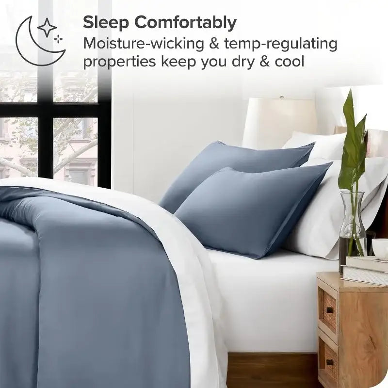Blue and white DecorBites™ silky cooling duvet cover set with moisture-wicking, temp-regulating fabric for comfortable sleep