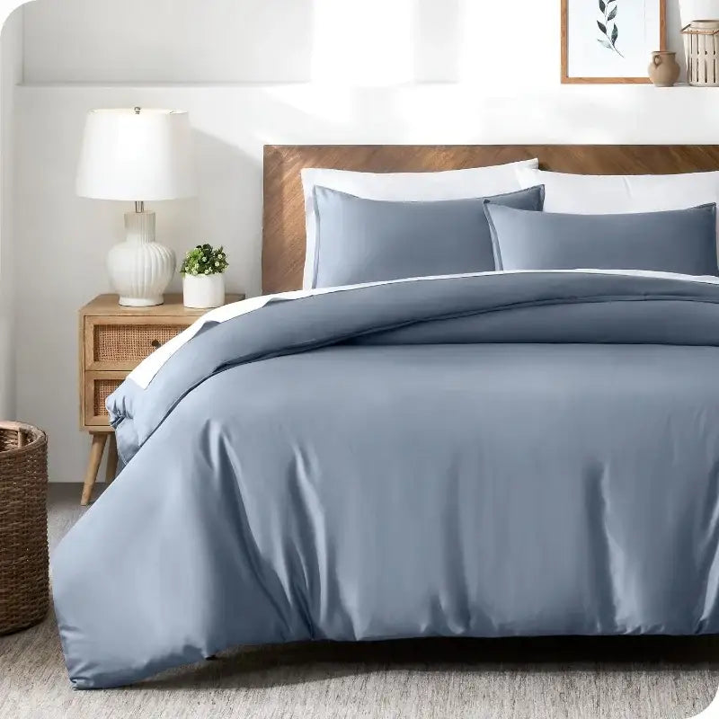 DecorBites™ silky cooling blue satin duvet cover set with matching pillowcases 3pcs full queen king options