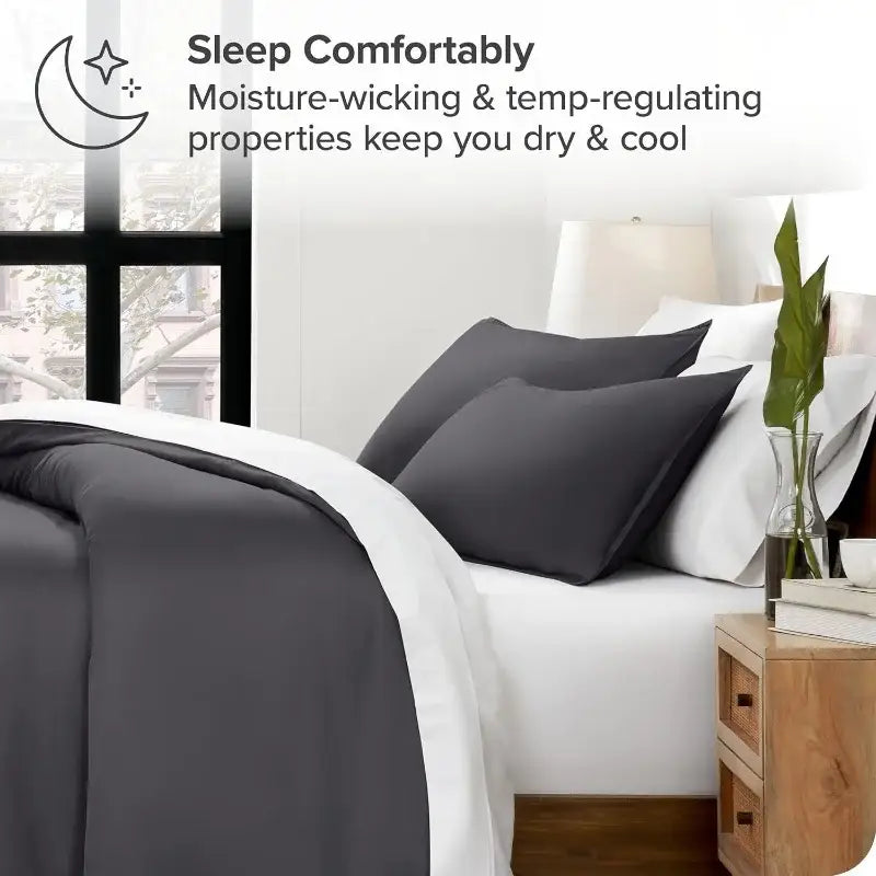 Decorbites silky cooling duvet cover set with dark gray moisture-wicking fabric and crisp white trim full queen king