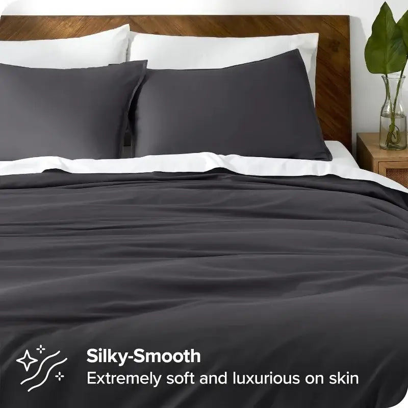 Dark gray silk-like duvet cover set with matching pillowcases featuring subtle sheen soft texture by decorbites™