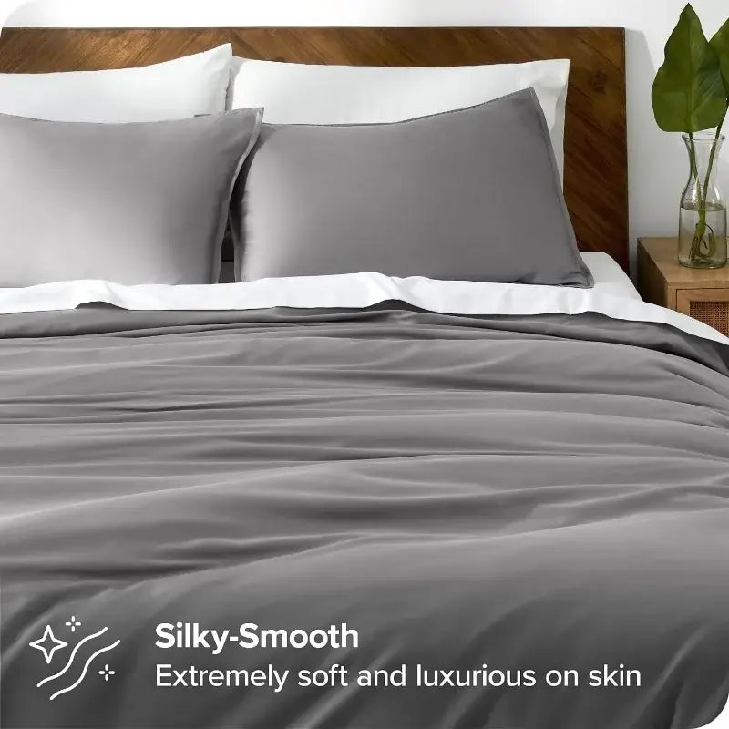 Gray silk-like duvet cover set by decorbites with matching pillowcases featuring smooth luxurious texture