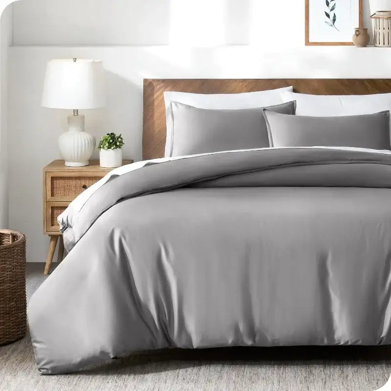 Gray satin duvet cover set with matching pillowcases decorbites silky cooling cover set for full queen king beds