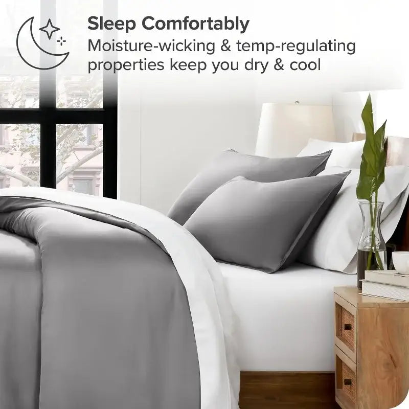 Gray and white satin-like DecorBites™ silky cooling duvet cover set with moisture-wicking and temperature-regulating properties