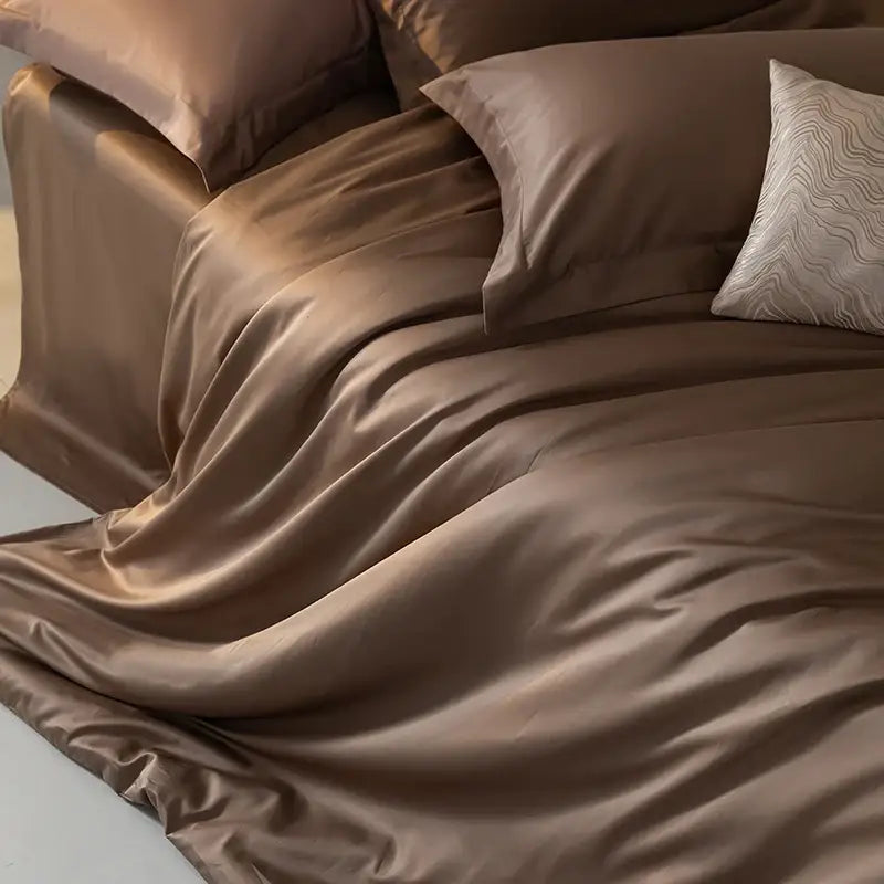 Rich chocolate brown satin duvet cover set with smooth glossy finish and matching pillows from decorbites silky cooling cover set