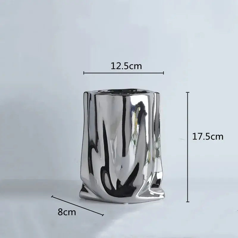DecorBites™ silver ruffled ceramic flower vase with textured surface, 12.5cm wide, 8cm deep, and 17.5cm tall