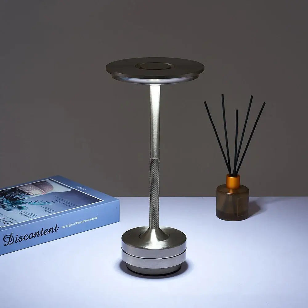 Modern silver-toned DecorBites™ simple charging led desk lamp with a sleek minimalist design and textured cylindrical stem