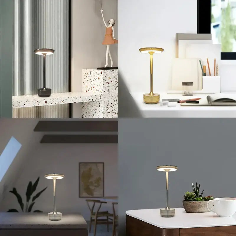Modern minimalist desk lamp with simple charging led feature in matte black metal for restaurant bar or office use
