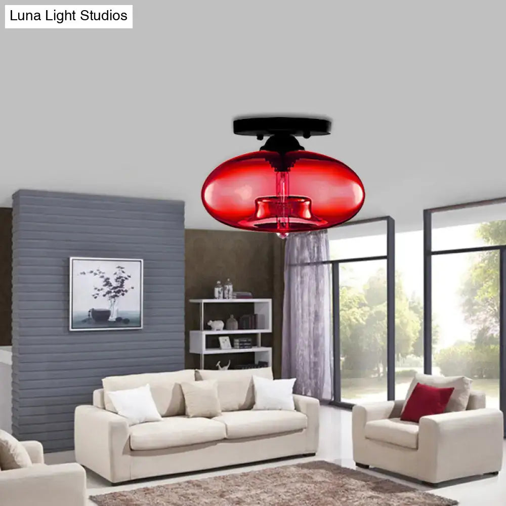 Decorbites simple style vibrant red glass oval flush mount pendant light with sleek black ceiling mount for hallway