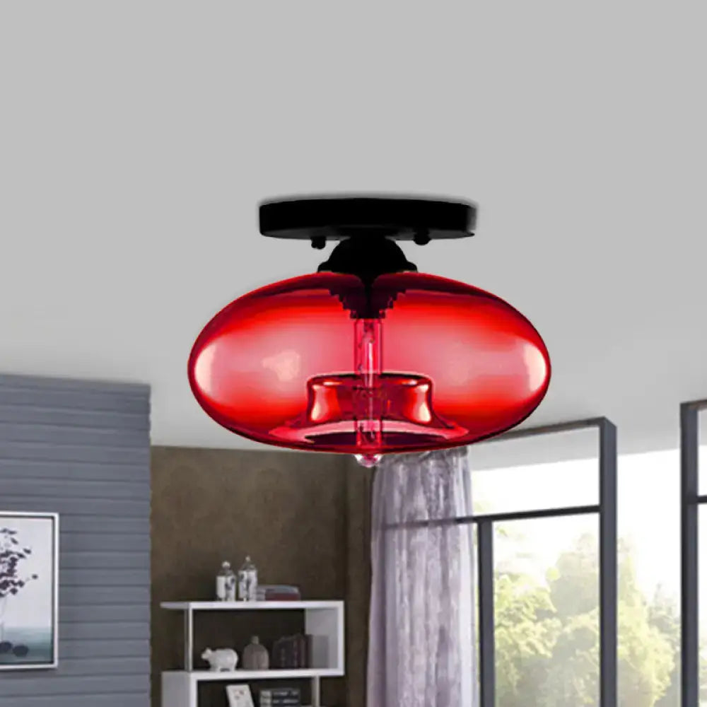 DecorBites™ simple style vibrant red glass oval flush mount pendant light with sleek black base for hallway use