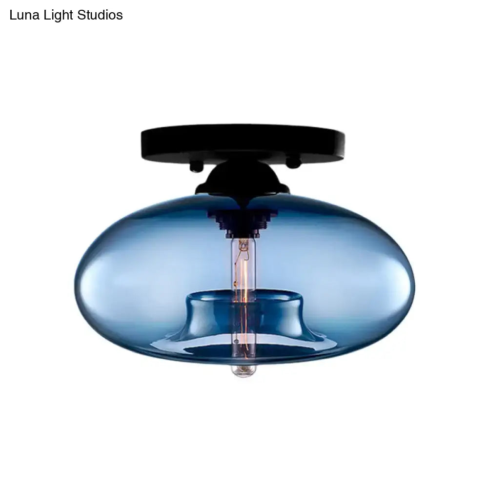 DecorBites™ simple style blue glass oval flush mount pendant light with black metal ceiling mount for hallway lighting