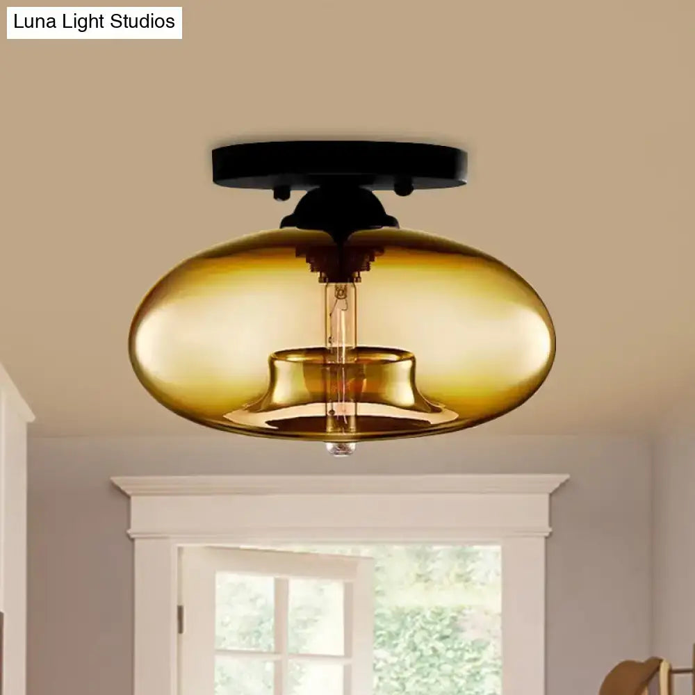 Decorbites simple style amber glass oval flush mount lamp with exposed filament bulb and black metal ceiling mount