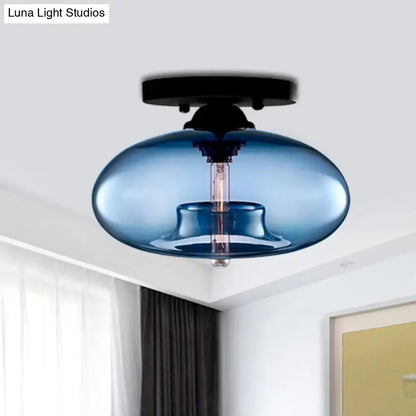 Decorbites™ simple style blue glass oval flush mount pendant light with black metal fixture for hallway ceiling use