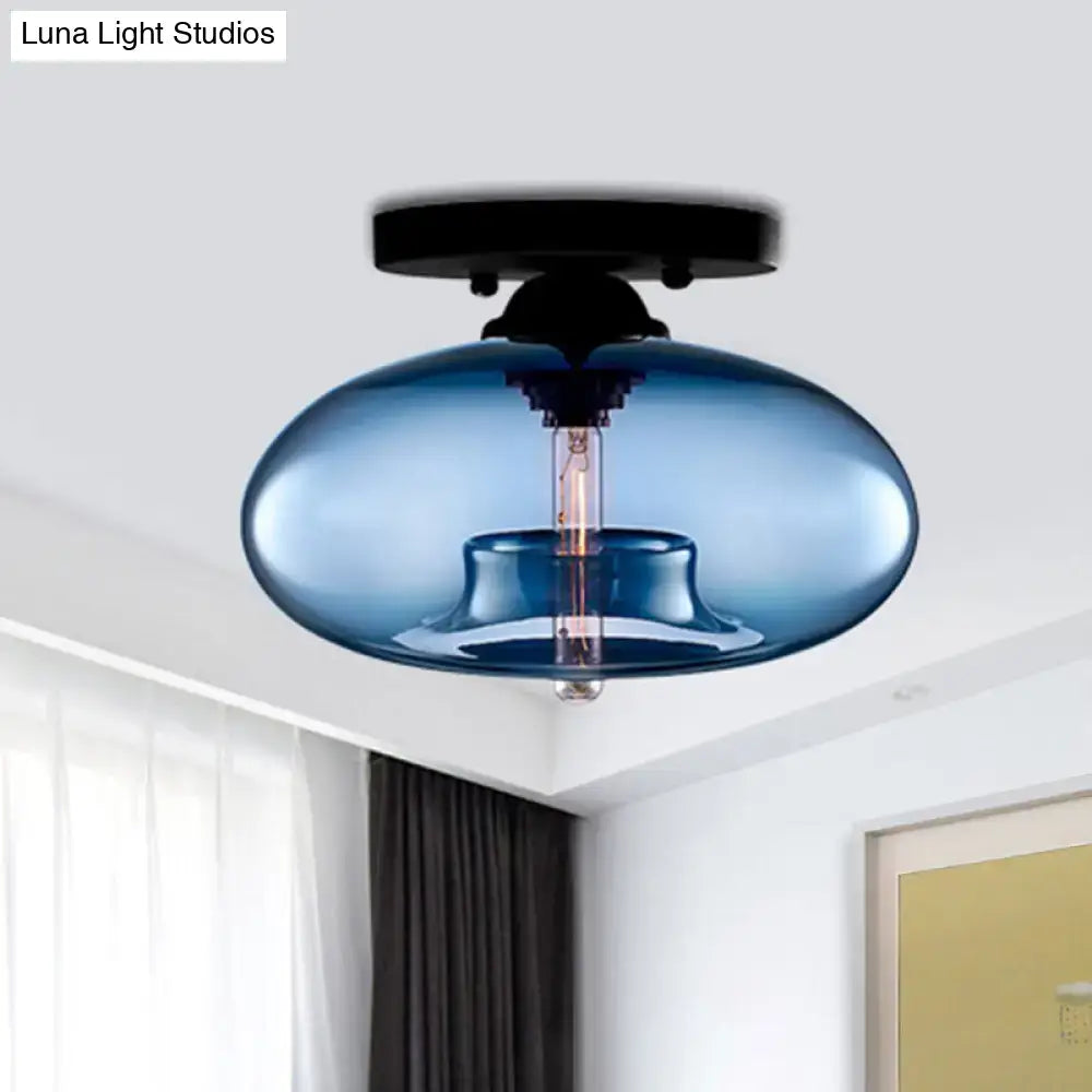 Decorbites simple style blue glass oval flush mount ceiling light with black metal fixture and exposed filament bulb