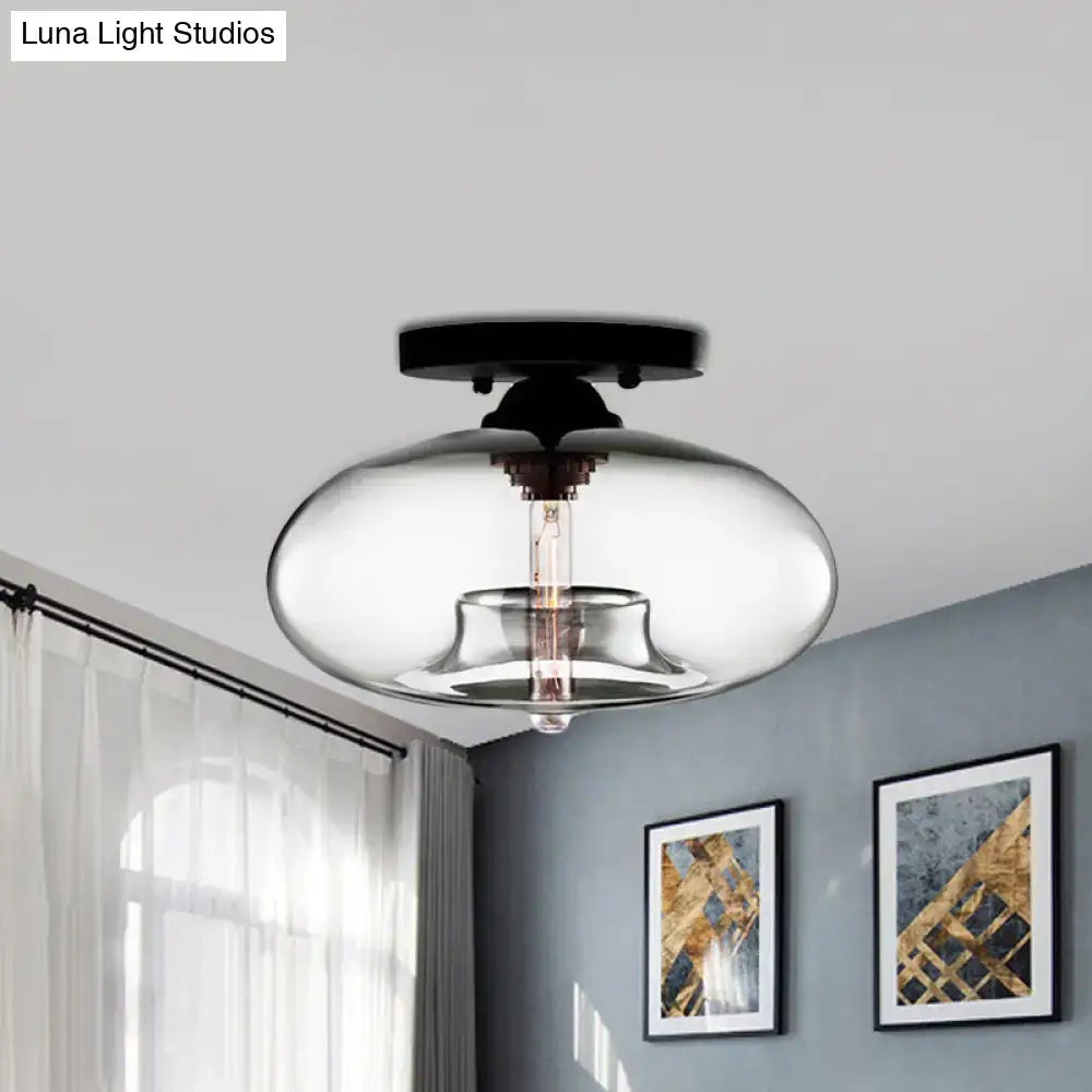 Decorbites simple style glass oval flush mount lamp with clear glass and black metal base for hallway lighting flush mount