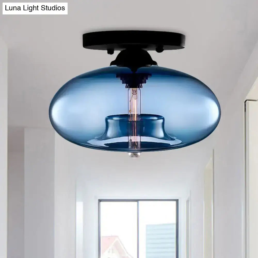 DecorBites simple style blue glass oval flush mount pendant light with black metal ceiling mount for hallway lighting