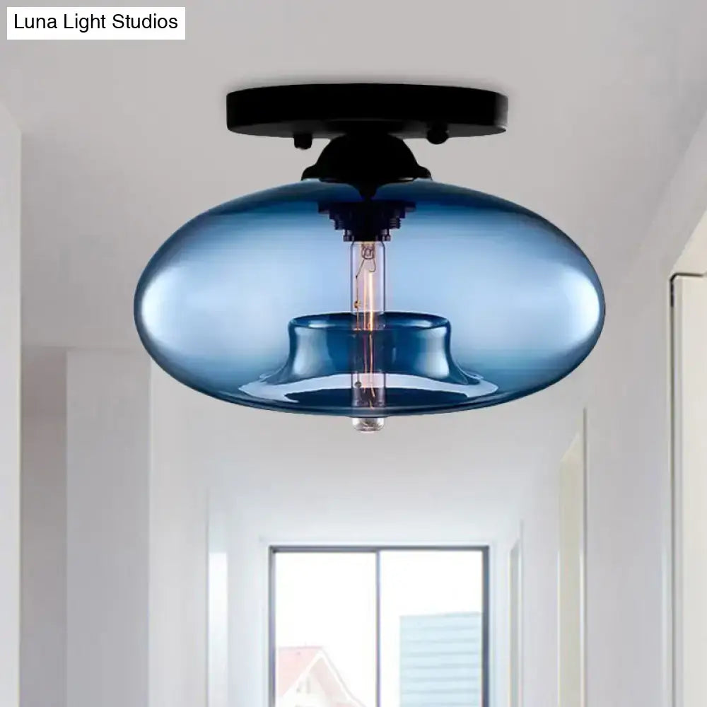 Decorbites™ blue glass oval flush mount pendant light with black metal ceiling mount for hallway lighting