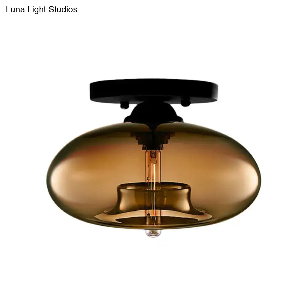 Decorbites simple style amber glass oval flush mount pendant light with black metal ceiling mount and exposed filament bulb