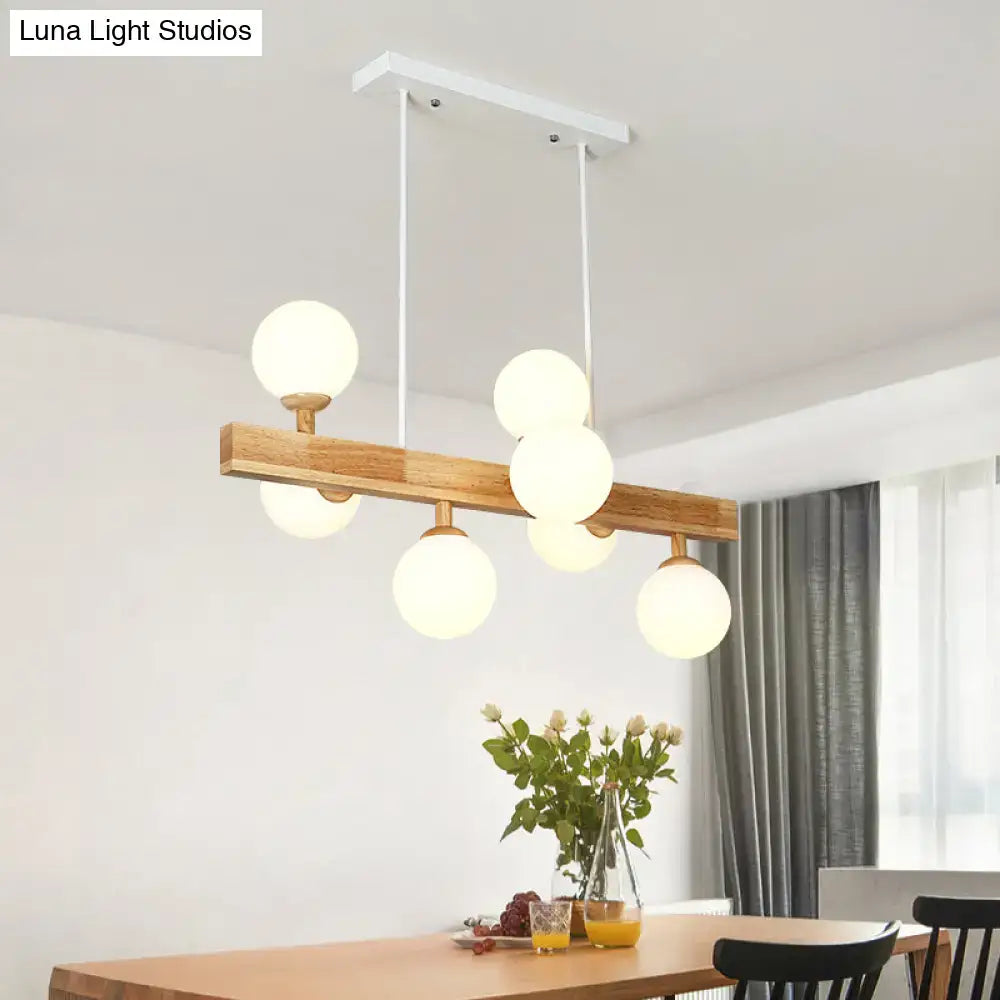 Modern DecorBites™ simplicity opal glass globe pendant light with natural wood beam and e26 e27 bulbs for dining room