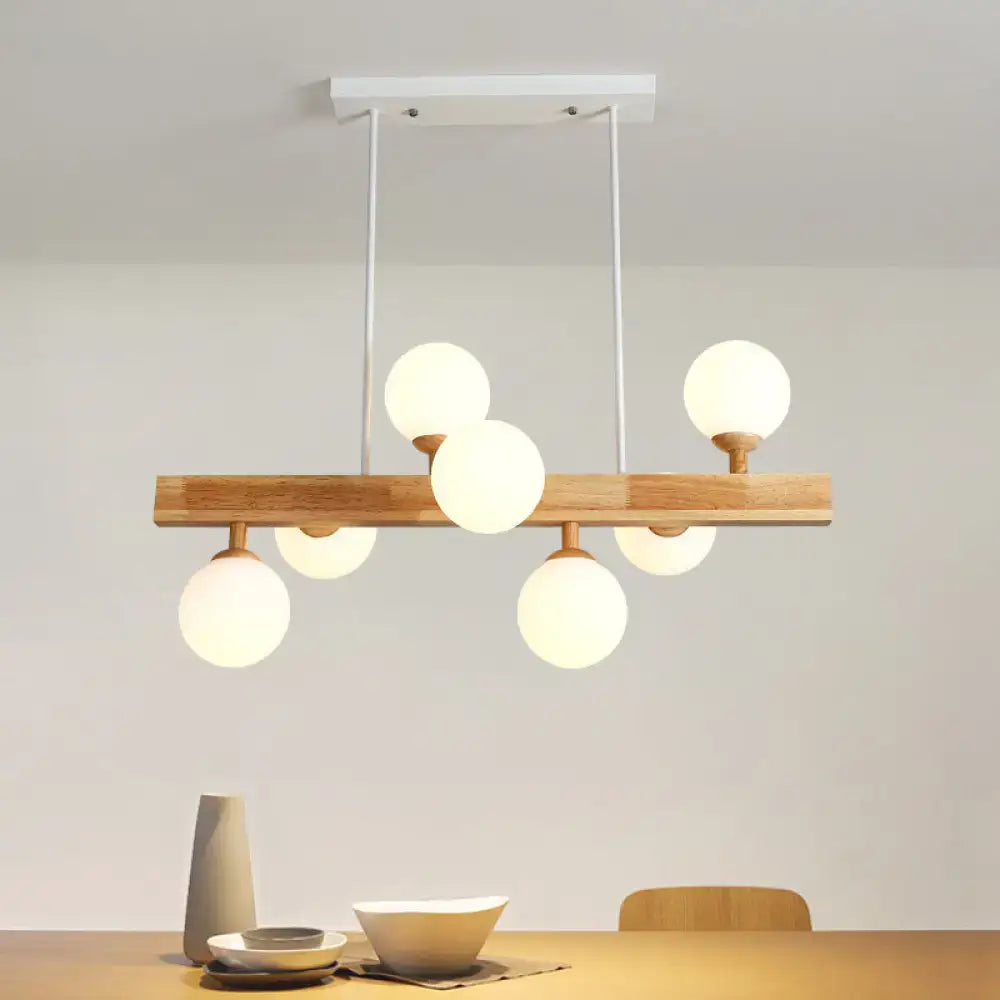 Modern e26 e27 decorbites™ simplicity opal glass globe pendant light with natural wood bar and white glass globes for dining room