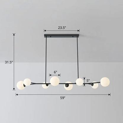 Modern black metal molecular island ceiling chandelier with frosted opal glass globe bulbs for dining rooms