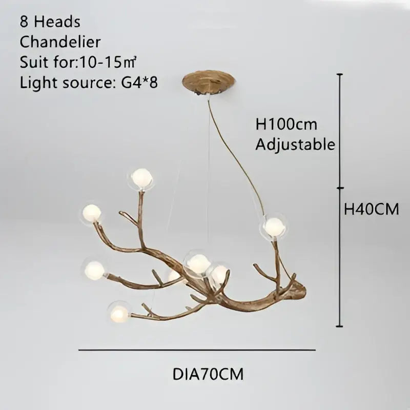 Antique bronze iron tree branch chandelier with eight frosted glass globe lights by decorbites simulation