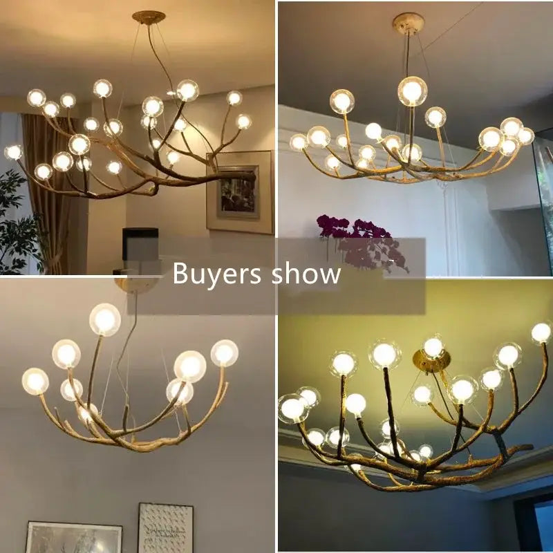 Antique brass-finished DecorBites™ iron tree branch chandelier with spherical glass bulbs along branching arms