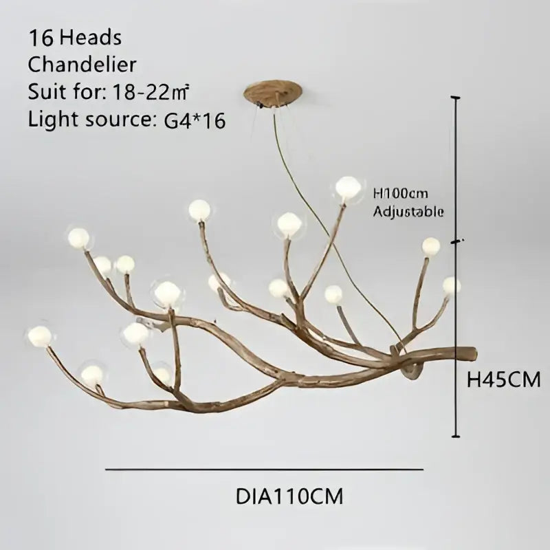 Brown iron tree branch chandelier with 16 frosted glass globes in an iron tree design by decorbites
