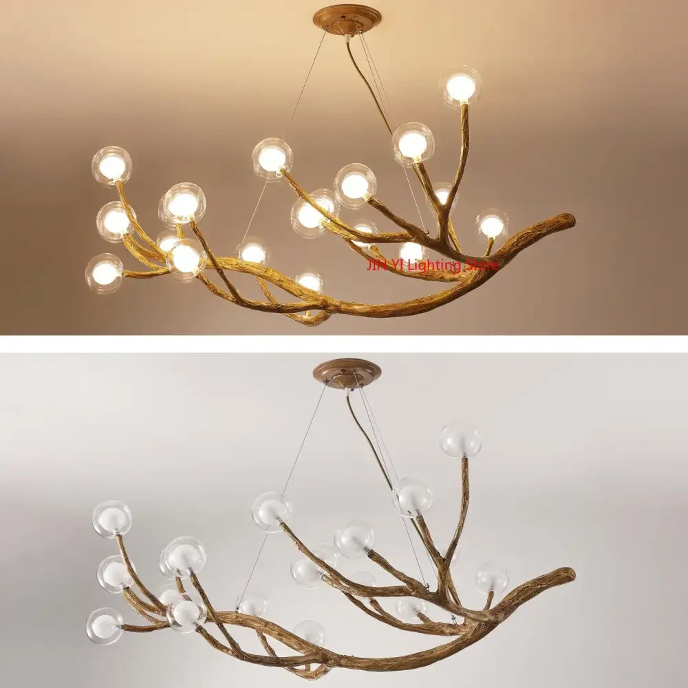 Rustic bronze-finished iron tree branch chandelier with clear glass globe bulbs from DecorBites simulation collection