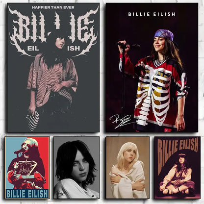 Billie eilish black and white canvas art with gothic lettering happier than ever for singer b-billies home decor