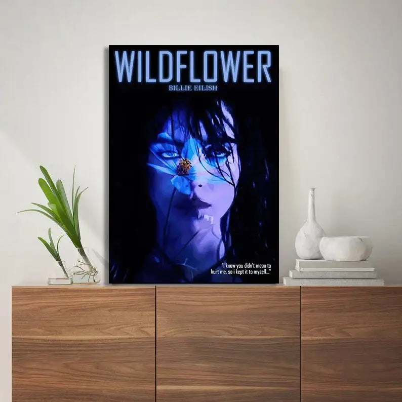 A framed canvas art print of singer b-billies with blue lighting and a flower for home wall decor by DecorBites™ wildflower