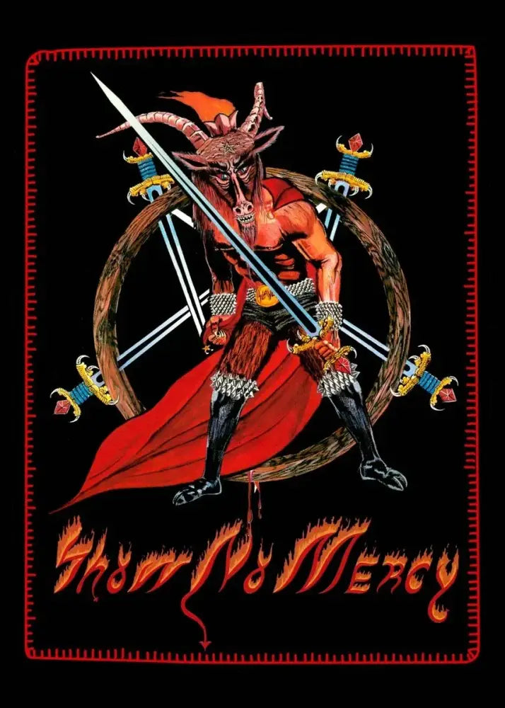 Black embroidered patch with red-cloaked horned demon and fiery sham no mercy text for slayer heavy metal band album poster