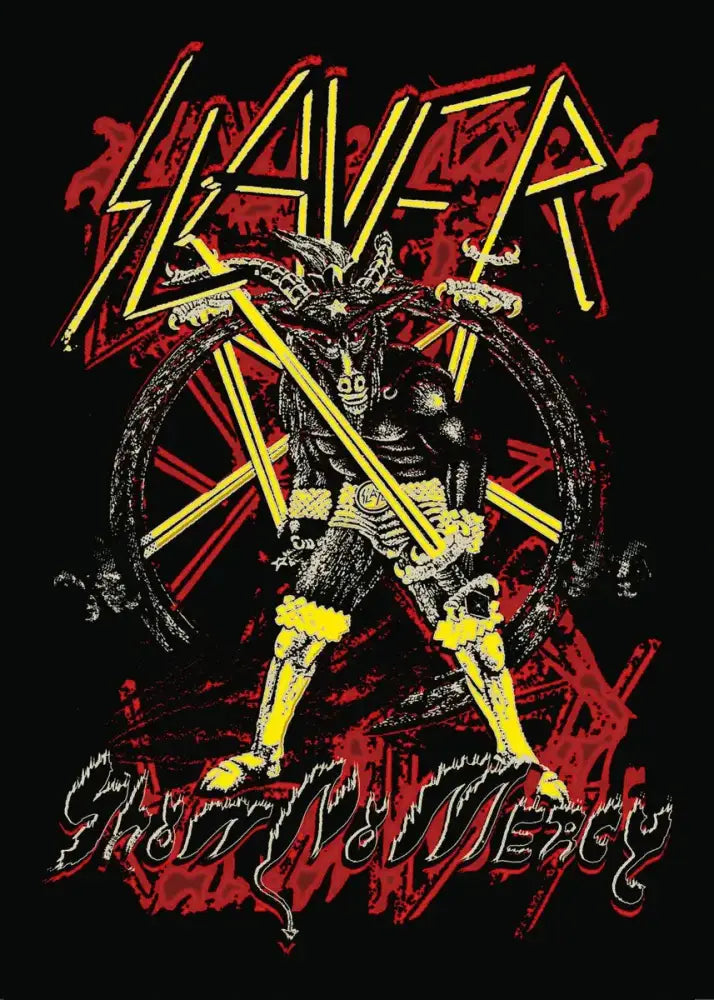 Black t-shirt featuring a bold yellow and red slayer heavy metal band graphic with stylized slayer lettering above