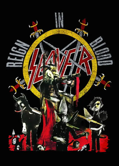 A black slayer heavy metal t-shirt featuring bold red and yellow reign in blood album cover art with demonic graphics