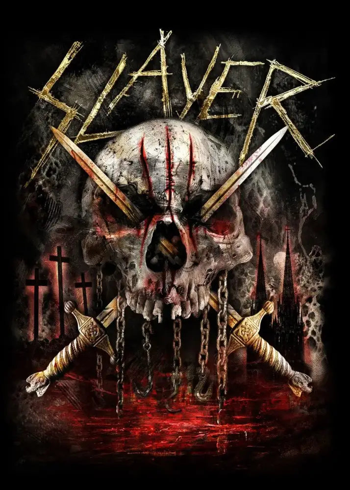 Decorbites™ slayer heavy metal band album poster canvas art featuring a metallic gold slayer logo and skull with swords design