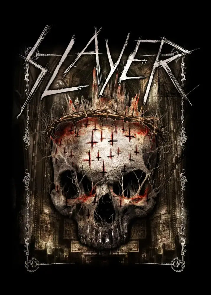 Decorbites™ slayer heavy metal band album poster canvas art featuring a grim skull with crown of thorns and red crosses