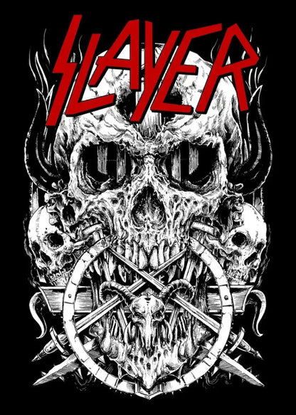Decorbites™ slayer heavy metal band album poster canvas art featuring red slayer logo with black and white skull dagger design