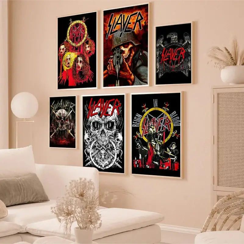 Set of six framed slayer heavy metal band album posters with bold red and white designs on black backgrounds by decorbites
