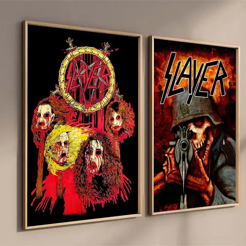 Two framed slayer heavy metal band album poster canvas arts featuring logo and skull military design in vibrant colors