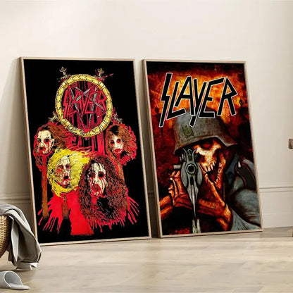 Two framed slayer heavy metal band album poster canvases featuring bloody faces and a skull in military gear designs