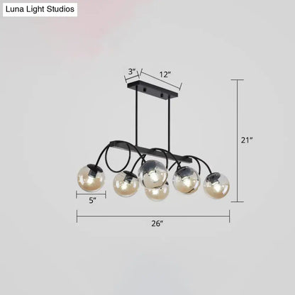 Modern black metal chandelier with five glass spheres featuring 110v-120v 220v-240v bulb base for dining rooms