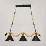DecorBites™ sleek black spiral rope pendant light with three conical shades and brass accents for 220v-240v use