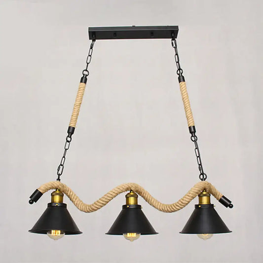 DecorBites™ sleek black spiral rope pendant light with three conical shades and brass accents for 220v-240v use